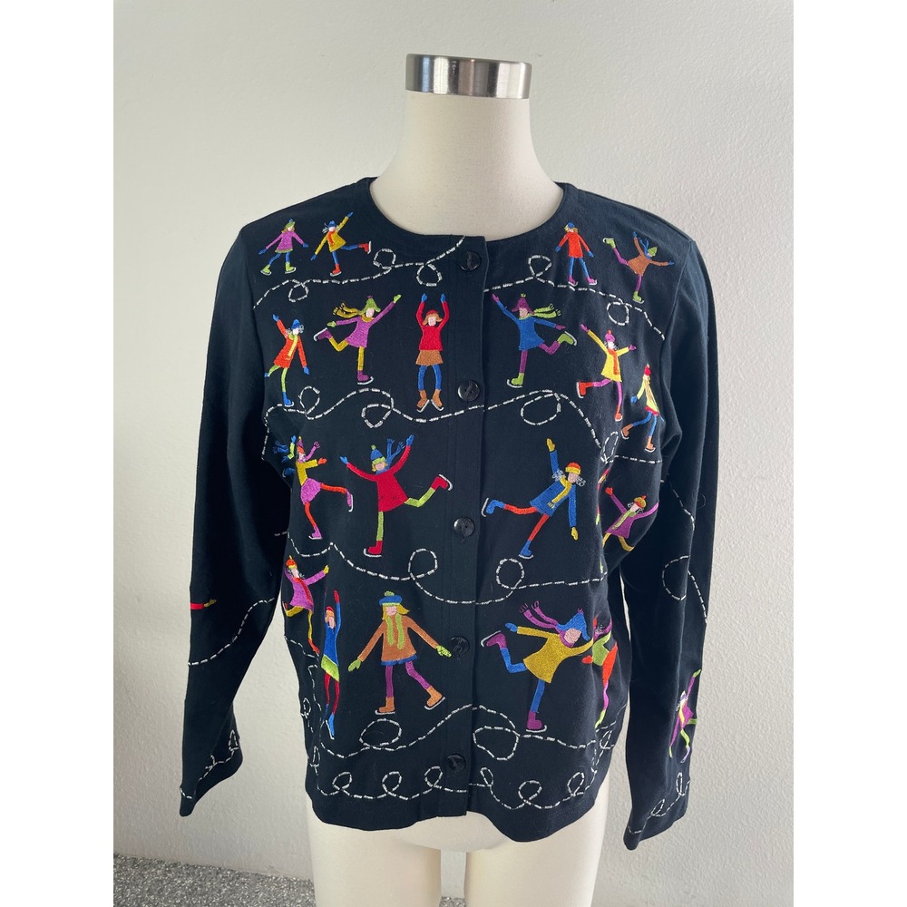 NEW Michael Simon Lite Womens Medium Ice Skating Embroidered Cardigan Sweater